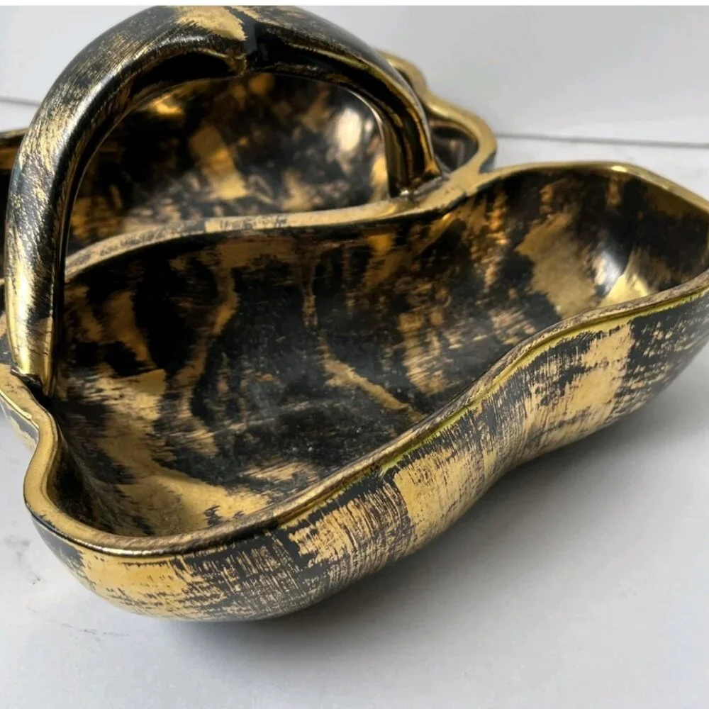 Vintage STANGL Black Gold Double Pear Bowl #3782 22K Gold MCM Pottery